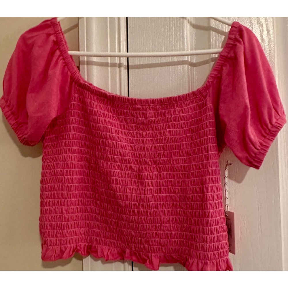 Simply Southern Shirred Crop Top Hot Pink Square Neck Puff Sleeve Large NWT‎